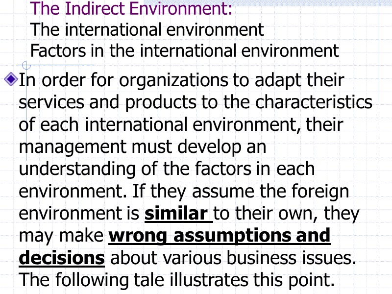 The Indirect Environment: The international environment Factors in the international environment   In